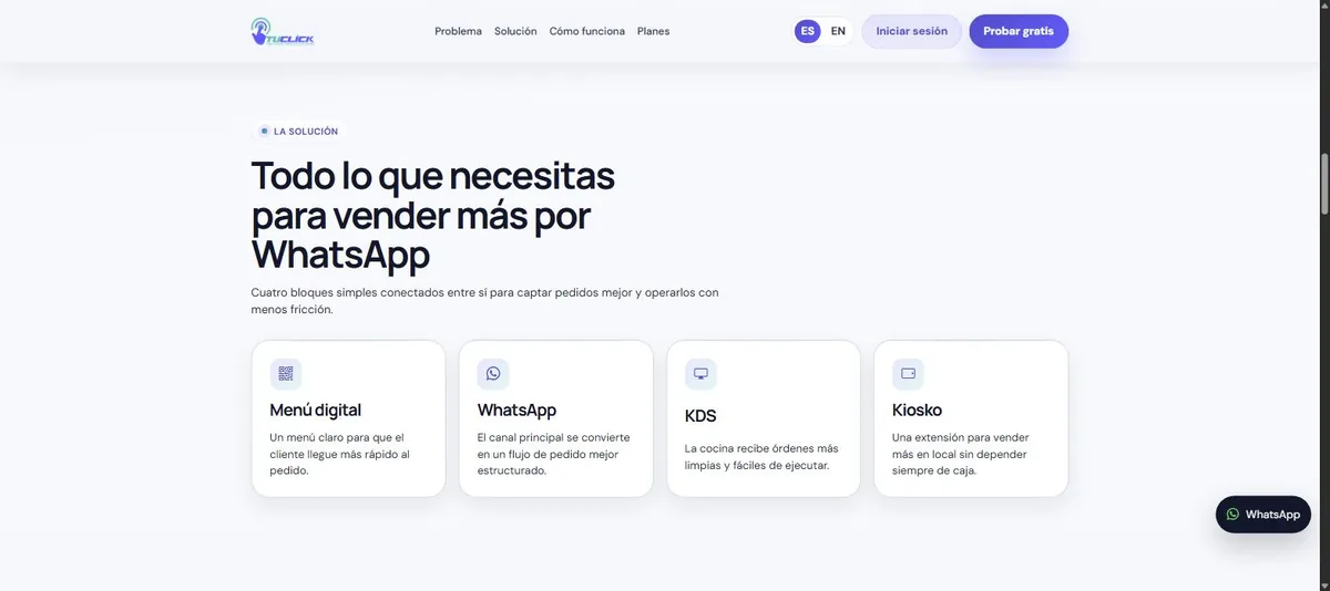 TuClick modules: digital menu, WhatsApp, kitchen display and kiosk