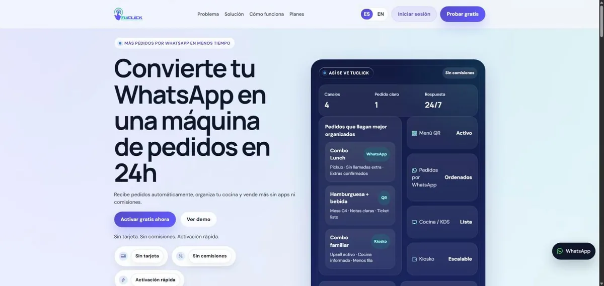 TuClick.app landing page showing the WhatsApp ordering flow